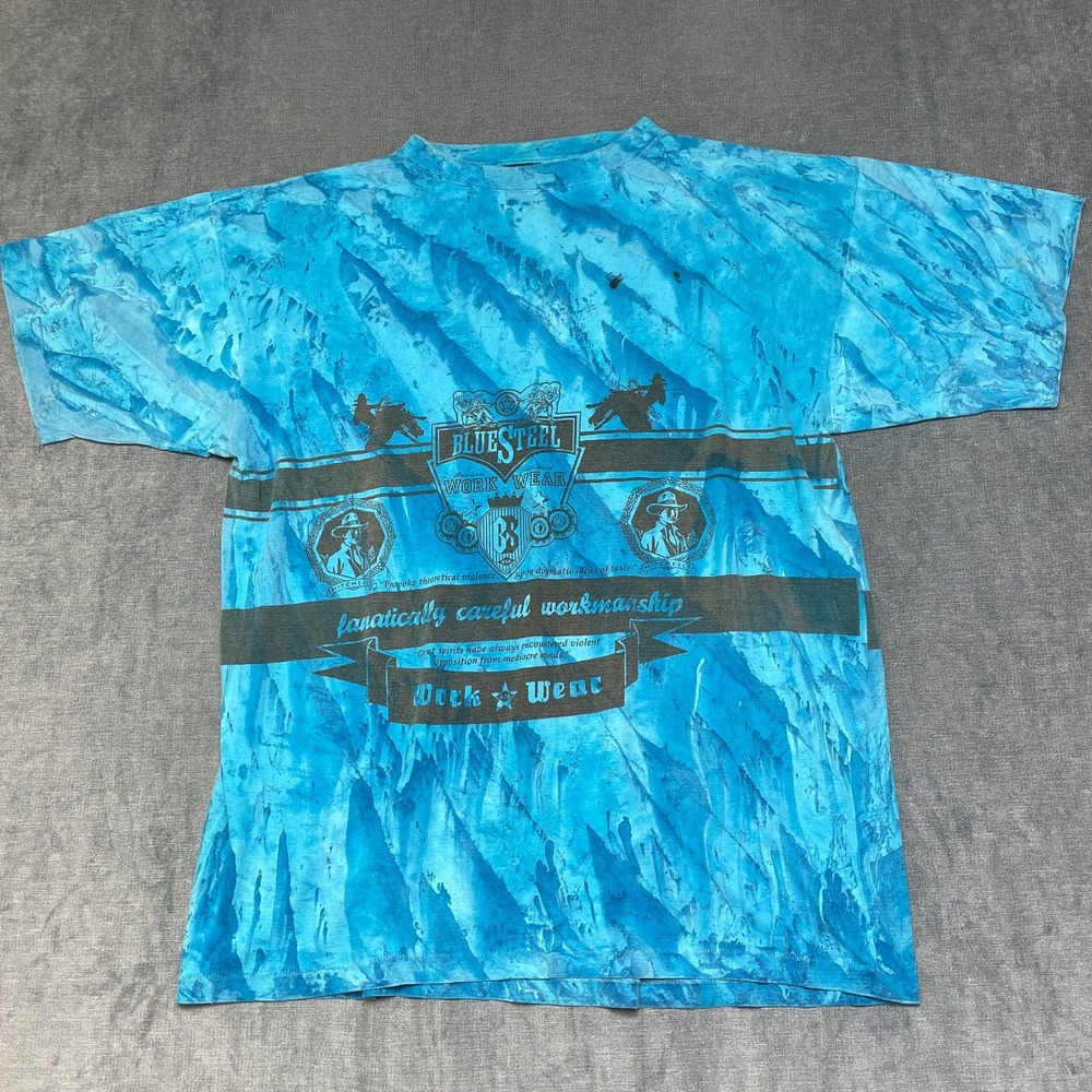 Vintage Blue Steel Work Wear T Shirt Men XL Blue Tie-Dye Graphic Short Sleeve